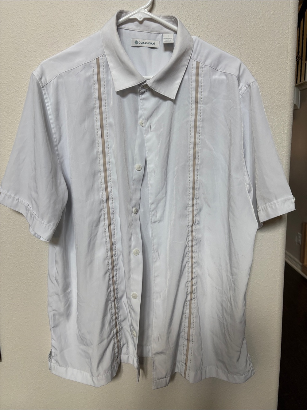 Cubavera White Short-Sleeve Button-Down Shirt with Tan Trim